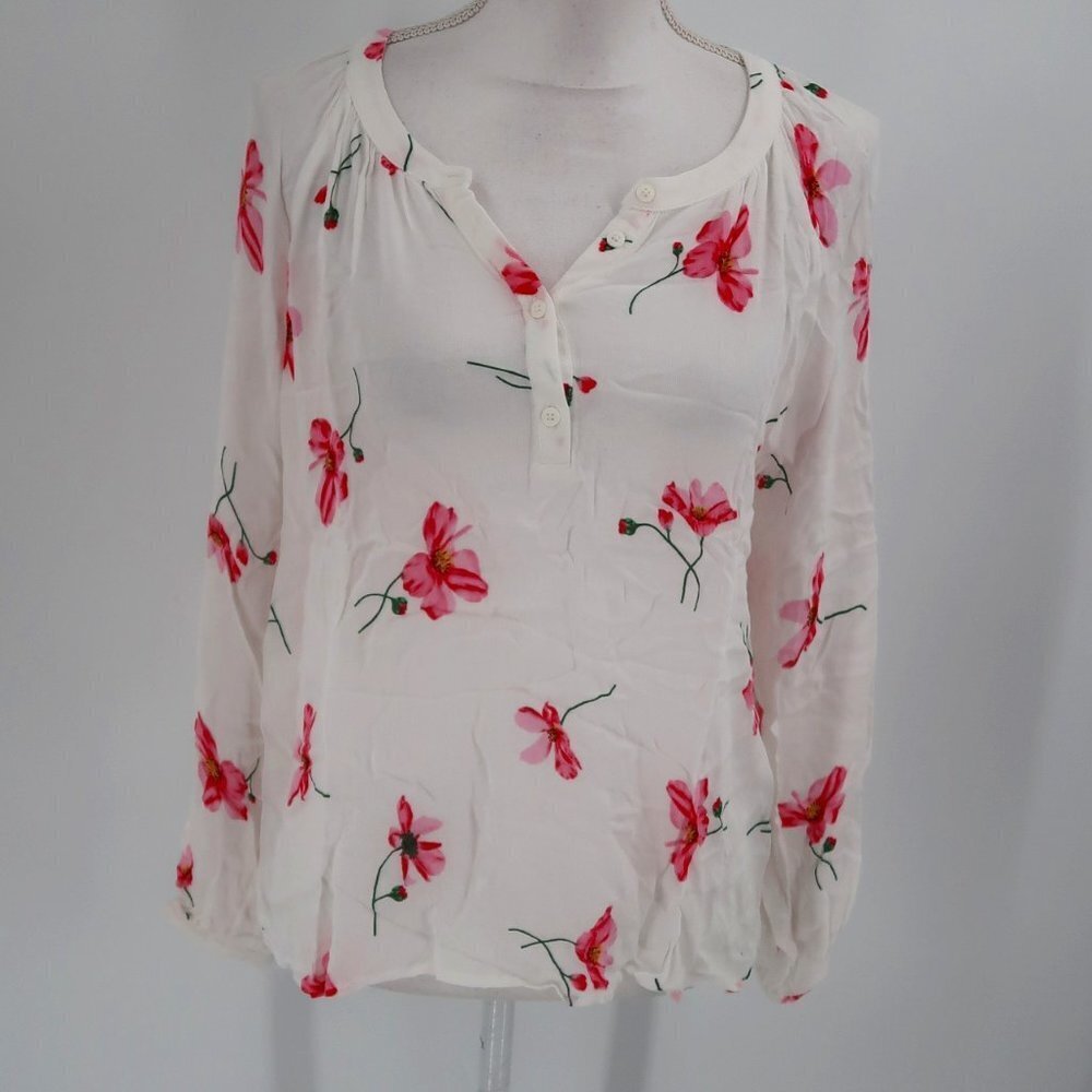 Lucky Brand White Pink Long Sleeve Floral Blouse Size Medium